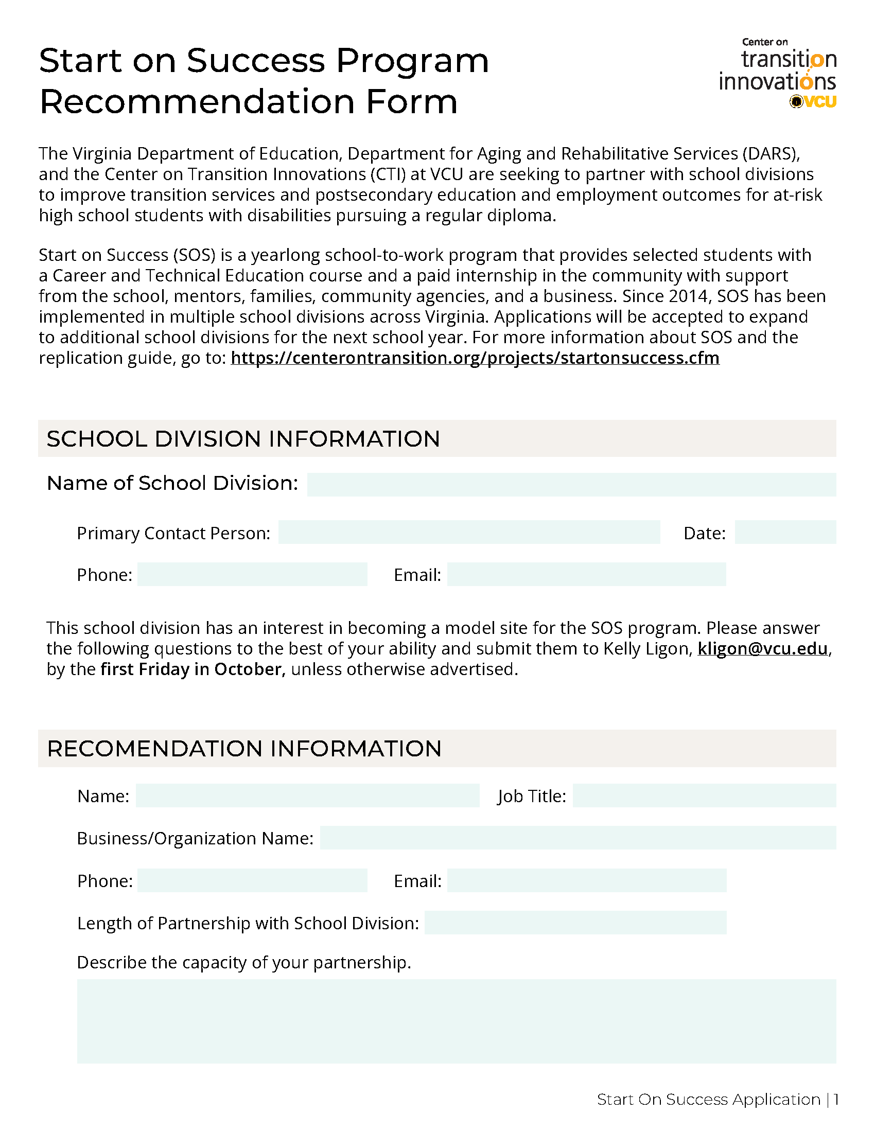 Thumbnail of 2025 Start on Success application recommendation form