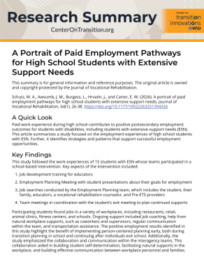 thumbnail of A Portrait of Paid Employment Pathways for High School Students with Extensive Support Needs pdf